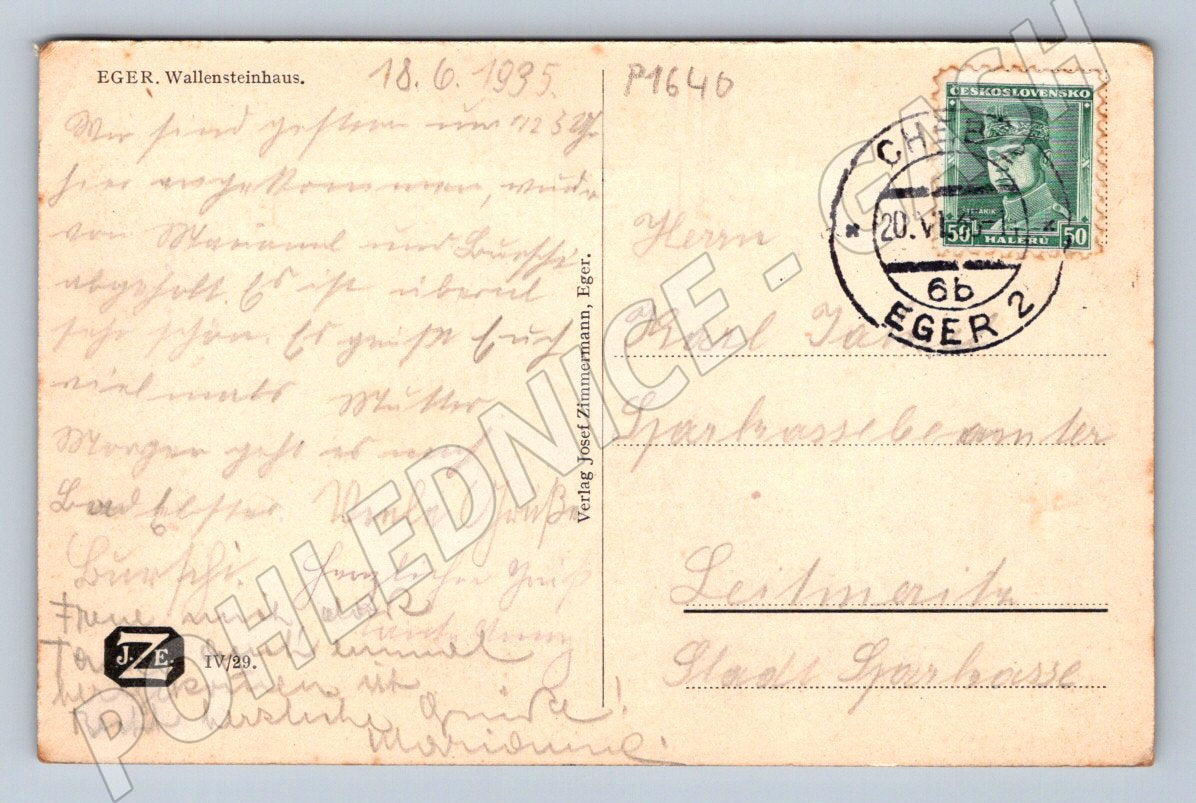 Pohlednice Cheb Eger Wallensteinův dům 1935 (P1640)