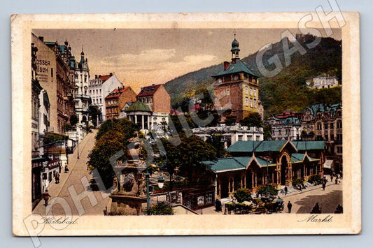 Pohlednice Karlovy Vary Karlobad trh a kolonáda 1928 (P1641)