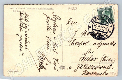 Pohlednice Karlovy Vary Mlýnská kolonáda 1937 (P1660)