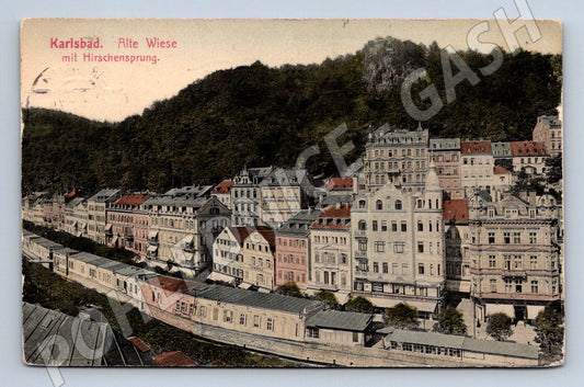 Pohlednice Karlovy Vary Alte Wiese Hirschensprung 1900 (P1665)