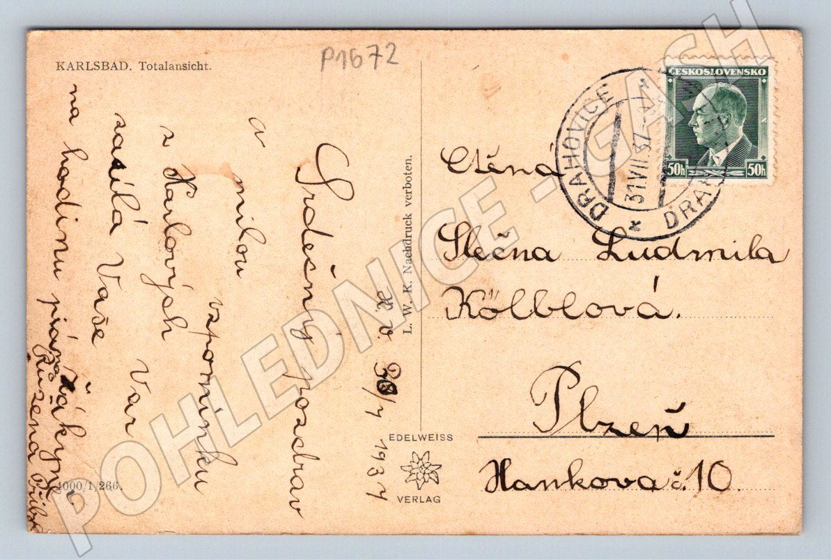 Pohlednice Karlovy Vary Carlsbad celkový pohled 1937 (P1672)