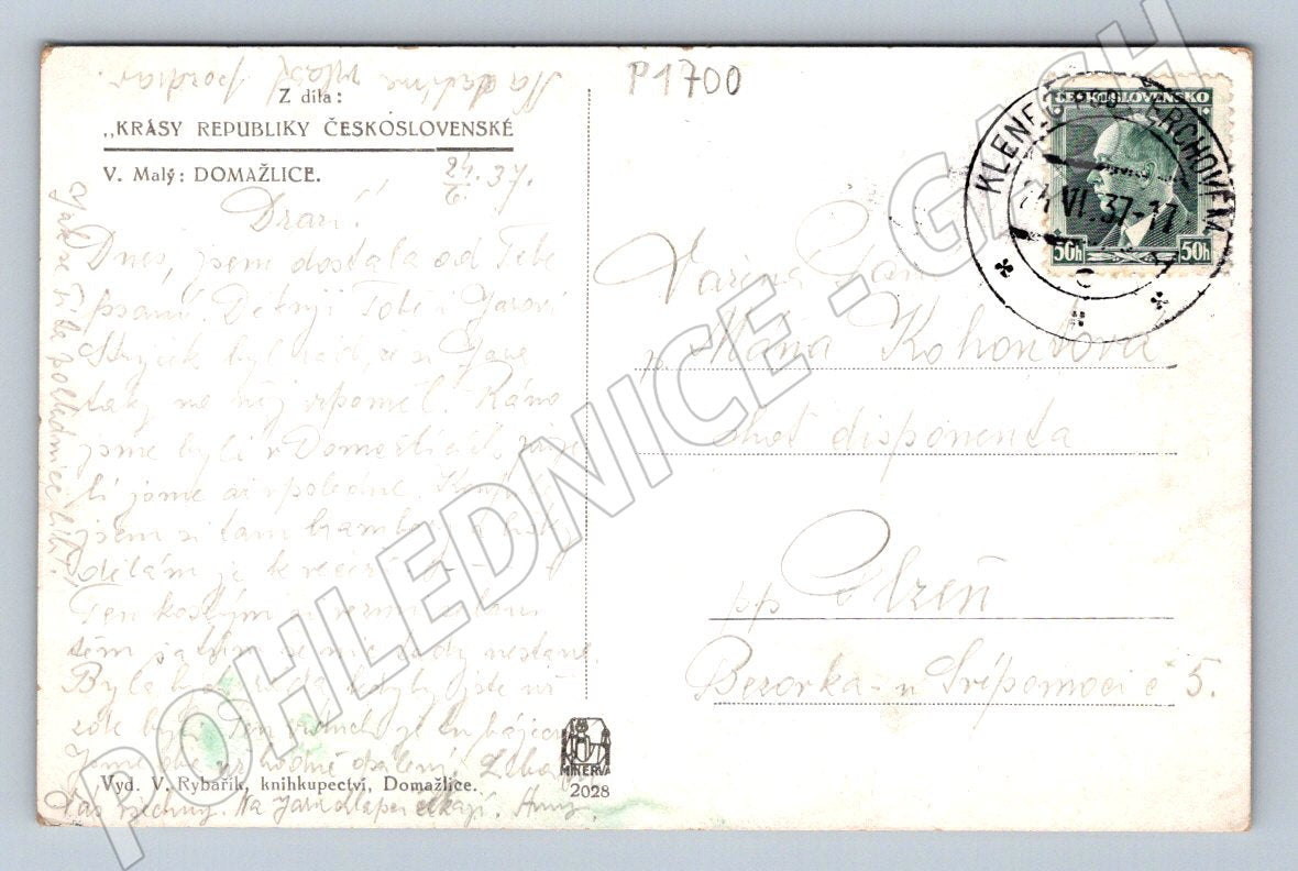 Pohlednice Domažlice náměstí kroje 1937 (P1700)
