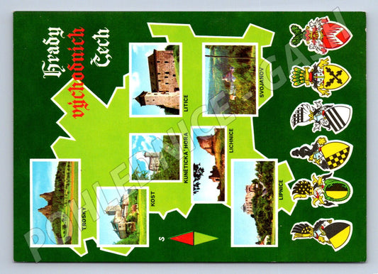 Pohlednice Východní Čechy hrady koláž erby (P1761)