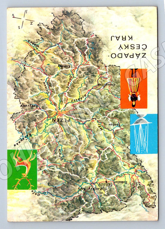 Pohlednice Západočeský kraj reliéfní mapa raz 1975 (P1790)