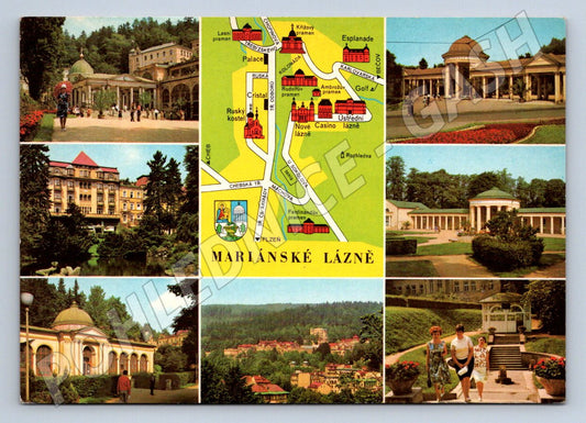 Pohlednice Mariánské Lázně koláž mapa barevná (P1796)