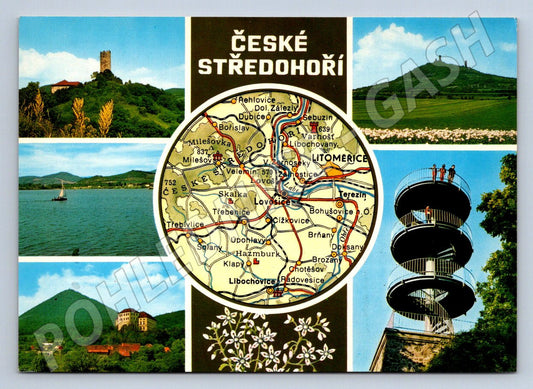 Pohlednice České středohoří koláž mapa rozhledna hrady (P1815)