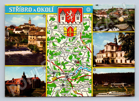 Pohlednice Stříbro a okolí koláž památek mapa (P1820)