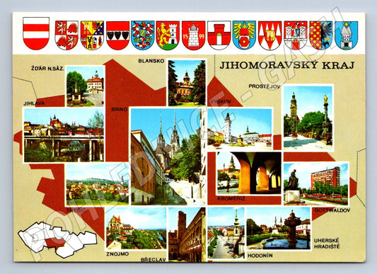 Pohlednice Jihomoravský kraj koláž měst a znaků (P1843)