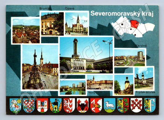 Pohlednice Severomoravský kraj koláž měst a znaků čistá (P1844)