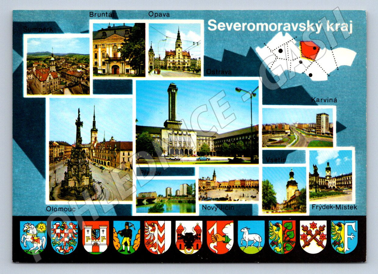 Pohlednice Severomoravský kraj koláž měst a znaky ČSR (P1845)