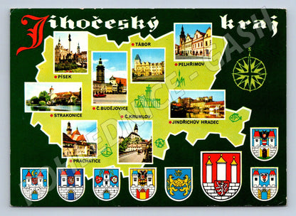 Pohlednice Jihočeský kraj výběr měst mapa erby PP ČSR (P1849)