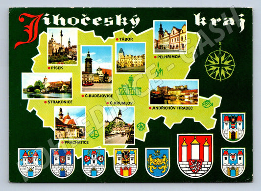 Pohlednice Jihočeský kraj výběr měst mapa erby PP ČSR (P1849)