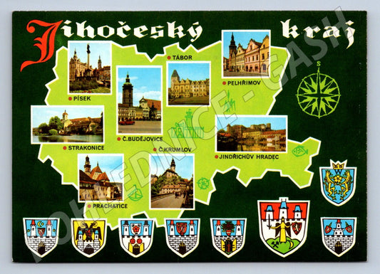 Pohlednice Jihočeský kraj města znaky mapa Pressfoto Praha (P1850)
