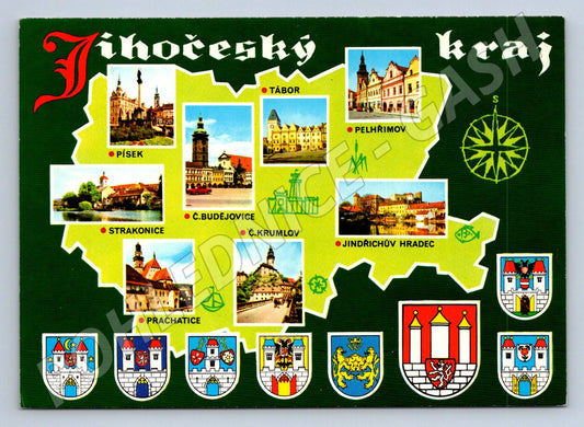 Pohlednice Jihočeský kraj koláž památek a znaků (P1853)