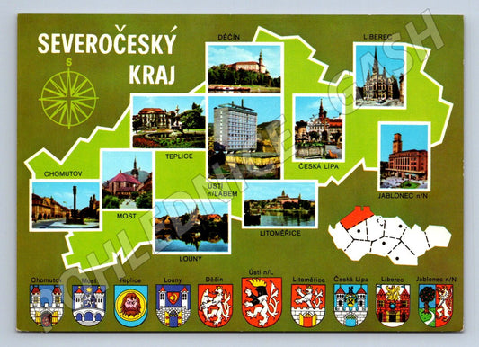 Pohlednice Severočeský kraj koláž znaky města (P1857)
