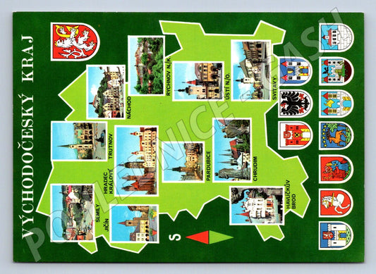 Pohlednice Východočeský kraj mapa znaky měst 1993 (P1868)