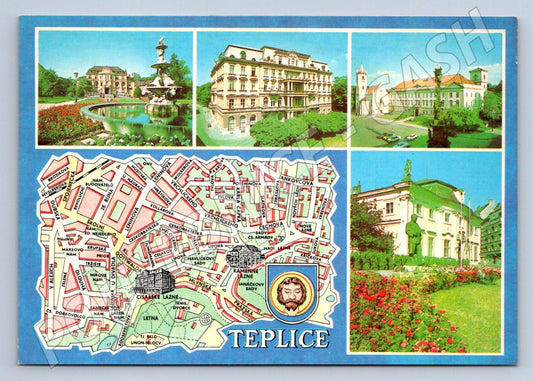 Pohlednice Teplice barevná koláž památky mapa města (P1877)