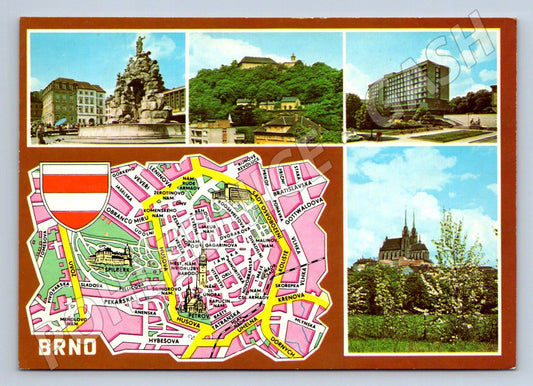 Pohlednice Brno koláž památek mapa centra Československo (P1890)
