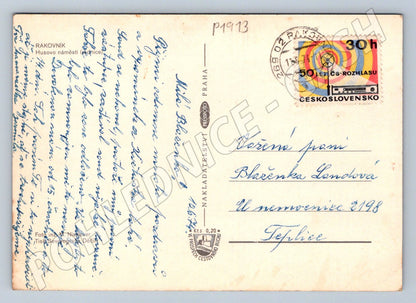 Pohlednice Rakovník Husovo náměstí radnice 70 léta (P1913)