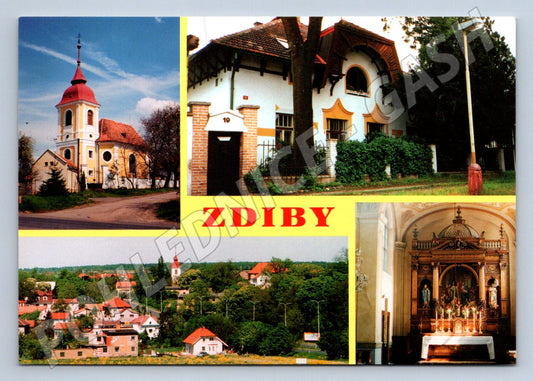 Pohlednice Zdiby kostel vila panorama interiér kostela (P1939)