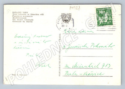 Pohlednice Karlovy Vary Tržní kolonáda Zámecká věž (P1988)