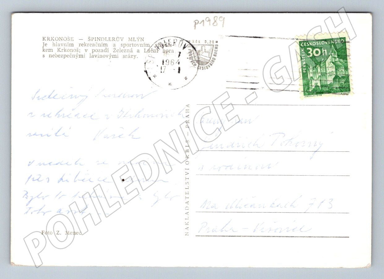 Pohlednice Krkonoše Špindlerův Mlýn zimní 1964 (P1989)
