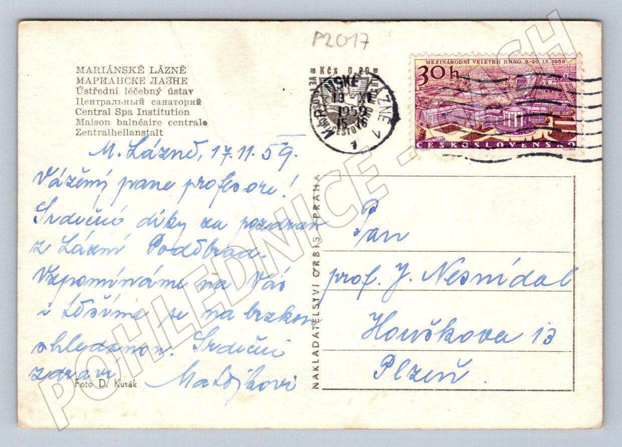 Pohlednice Mariánské Lázně lázeňský ústav ČB raz 1959 (P2017)