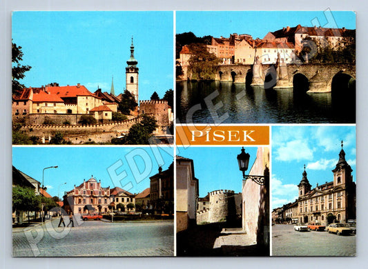 Pohlednice Písek Kamenný most hradby radnice 70 léta (P2047)