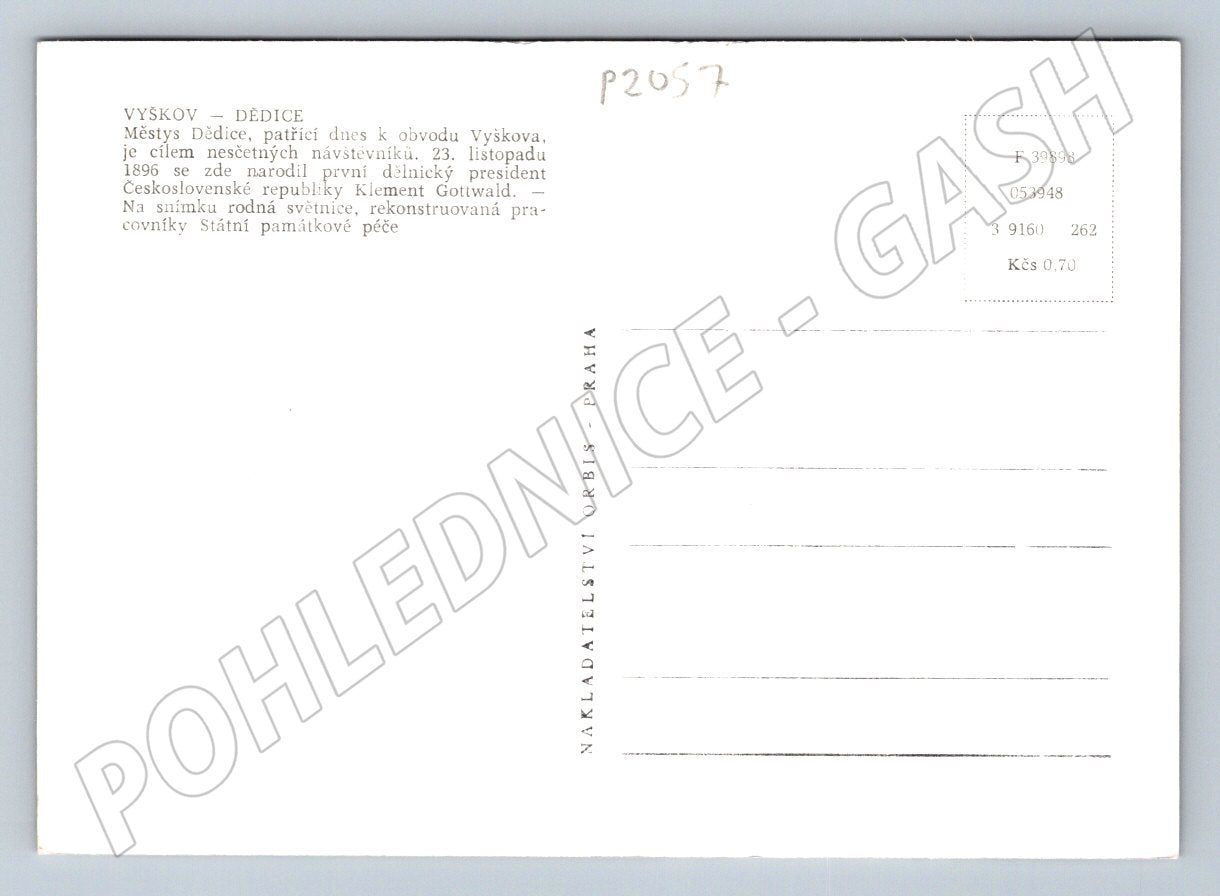 Pohlednice Vyškov Dědice rodná světnice památka K Gottwald (P2057)