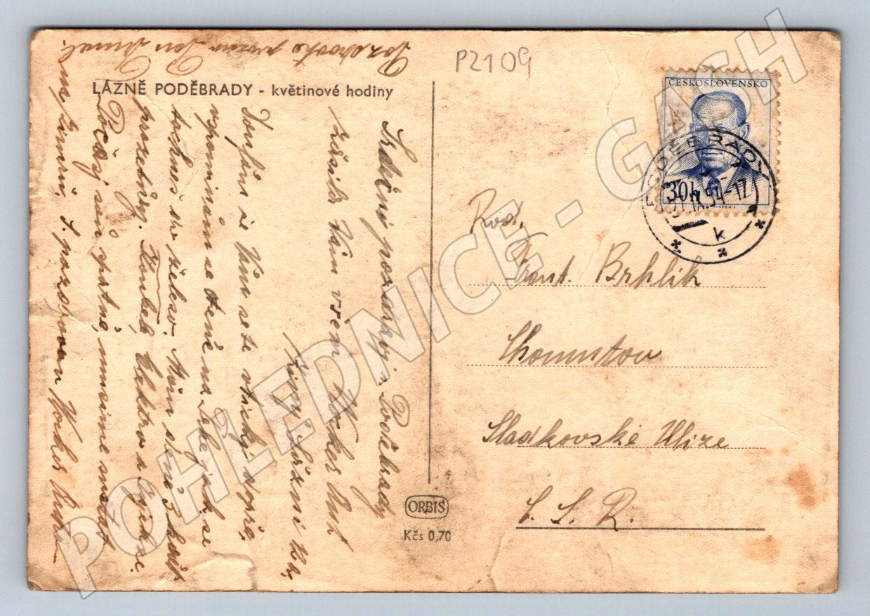 Pohlednice Poděbrady Květinové hodiny 1951 (P2109)