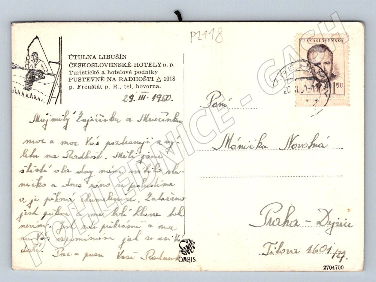 Pohlednice Libušín Pustevny Beskydy zimní ČSR 1950 (P2118)