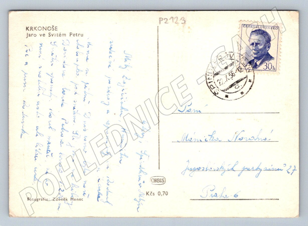 Pohlednice Krkonoše Svatý Petr jaro 1958 (P2123)