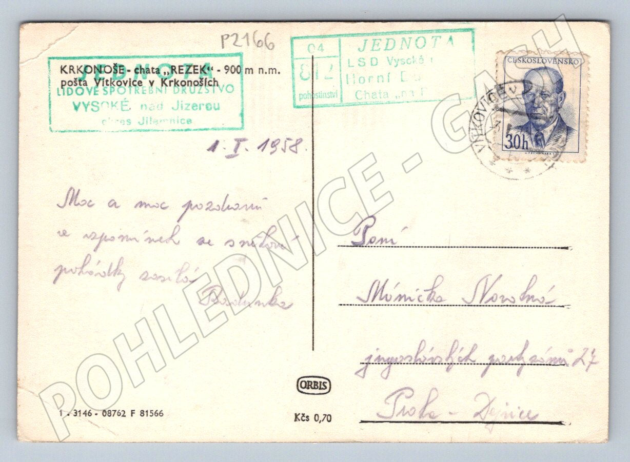 Pohlednice Krkonoše Rezek chata zimní raz zn 1958 (P2166)