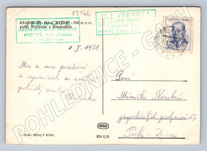 Pohlednice Krkonoše Rezek chata zimní raz zn 1958 (P2166)