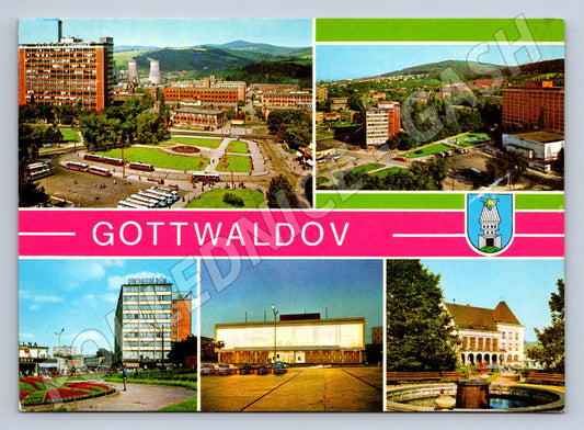 Pohlednice Gottwaldov barevná koláž socialistická architektura (P2244)