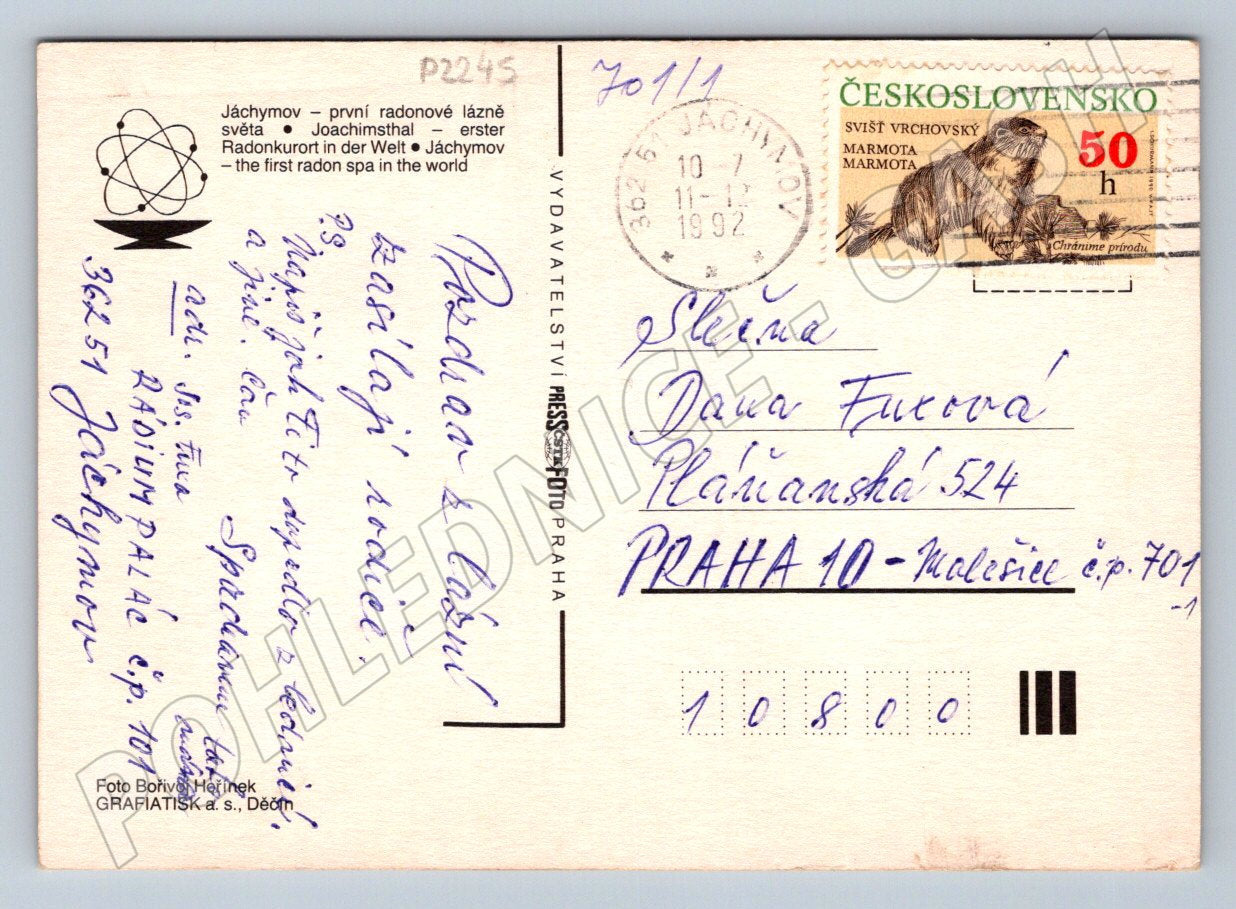 Pohlednice Jáchymov Radium Palác 1992 (P2245)
