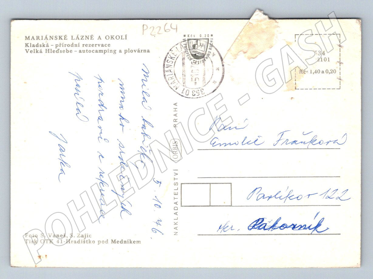 Pohlednice Mariánské Lázně a okolí Kladsko Velká Hleďsebe 1974 (P2264)