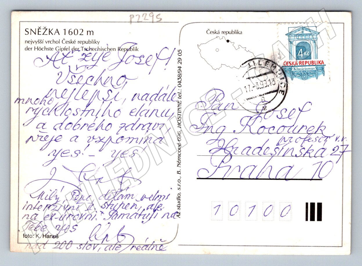 Pohlednice Sněžka 1602 m Krkonoše velký formát 1993 (P2295)