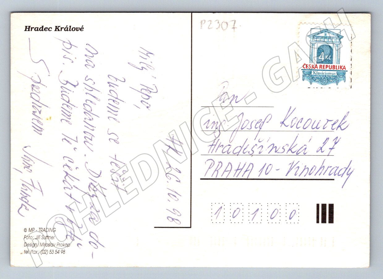 Pohlednice Hradec Králové koláž odeslaná 1998 (P2307)