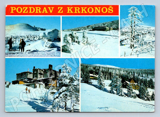 Pohlednice Krkonoše pozdrav zimní koláž ČSR (P2324)