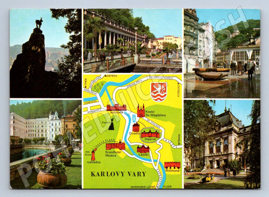 Pohlednice Karlovy Vary koláž památek a mapka (P2402)