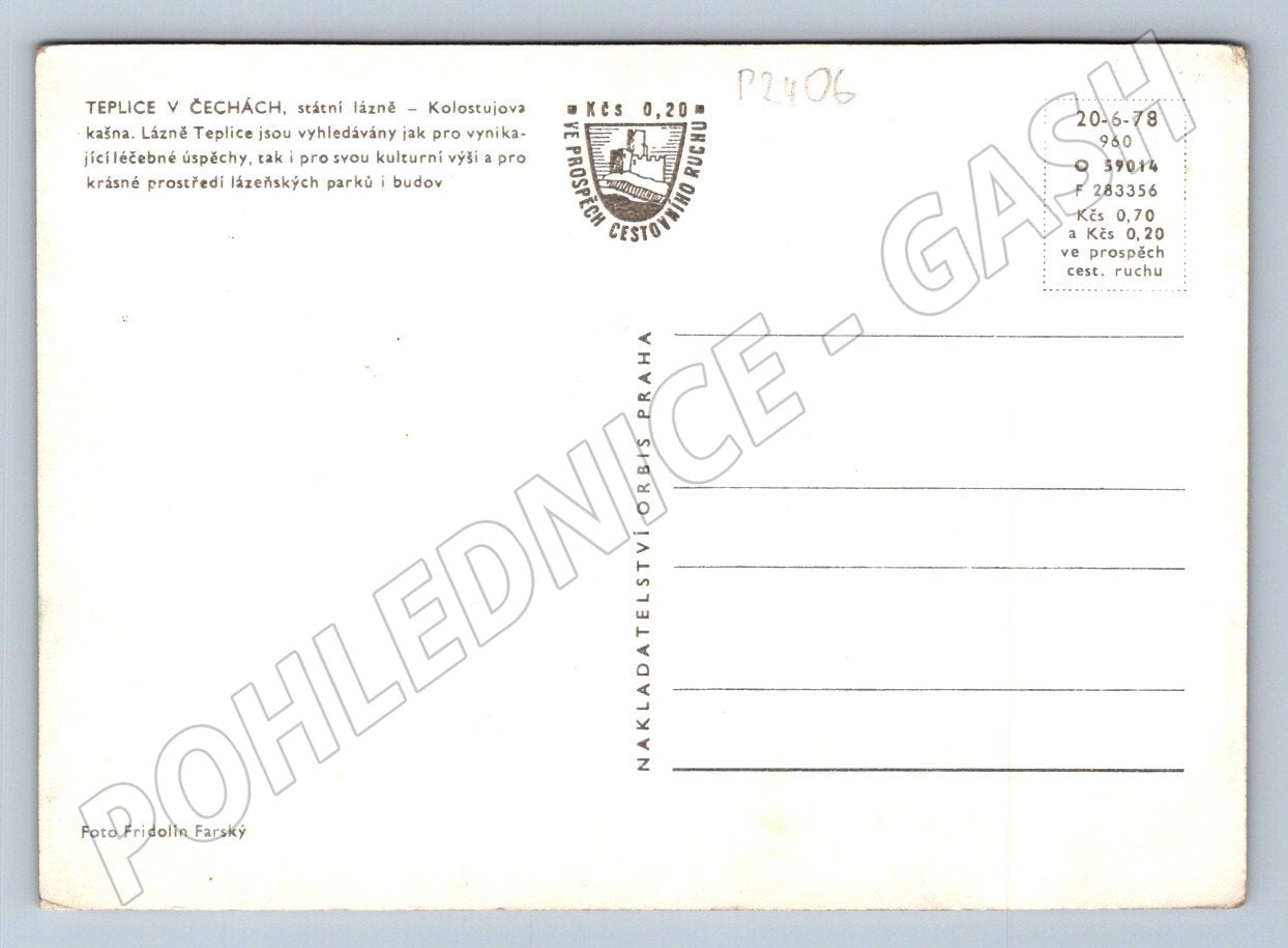 Pohlednice Teplice Kolostujova kašna lázeňský park 1978 (P2406)