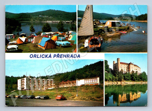Pohlednice Orlická přehrada zámek stanový tábor historická (P2434)