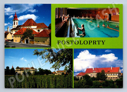 Pohlednice Postoloprty kostel zámek plavecká hala škola (P2438)