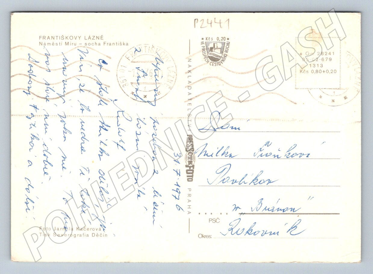 Pohlednice Františkovy Lázně socha Františka 1976 (P2441)