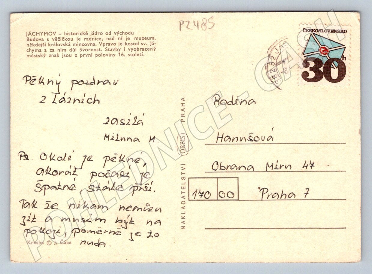 Pohlednice Jáchymov kresba znak města ČSR (P2485)