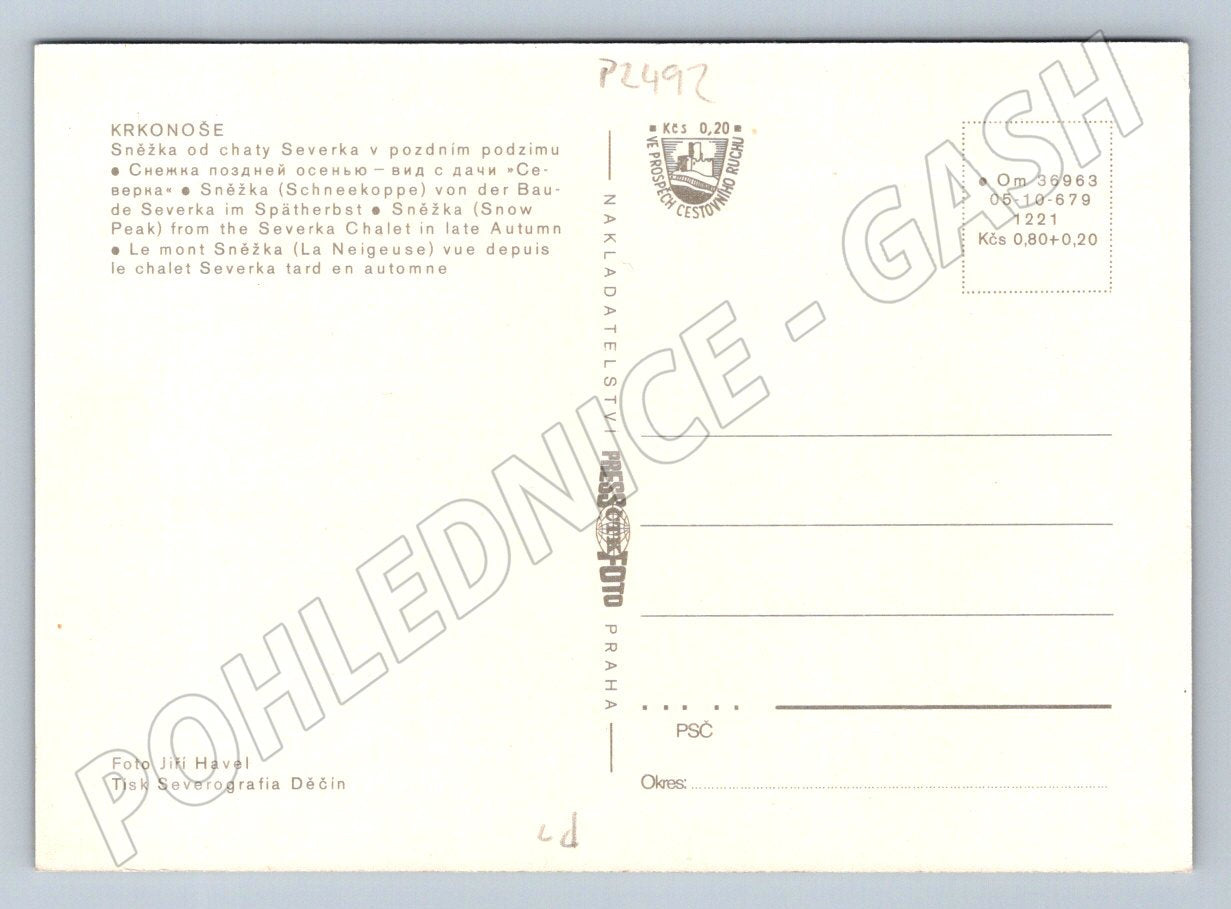 Pohlednice Krkonoše Sněžka od chaty Severka podzim (P2492)