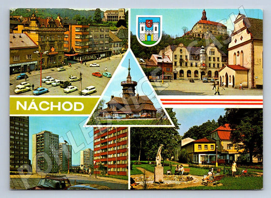 Pohlednice Náchod koláž zámek park paneláky (P2556)