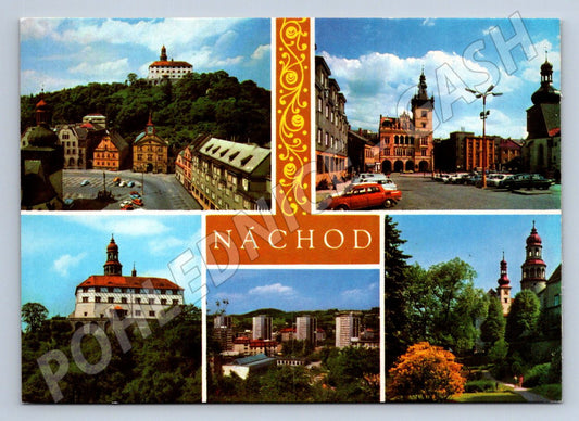 Pohlednice Náchod koláž se zámkem a náměstím (P2558)