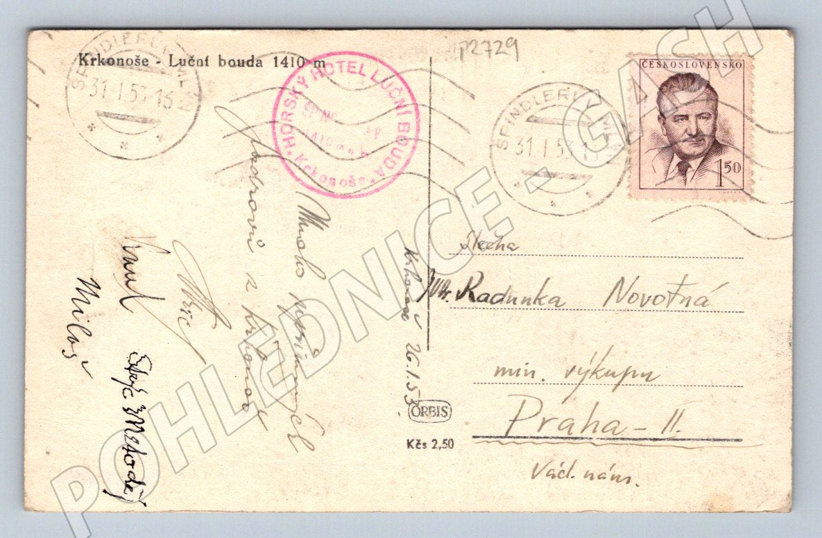 Pohlednice Krkonoše Luční bouda Sněžka 1953 (P2729)